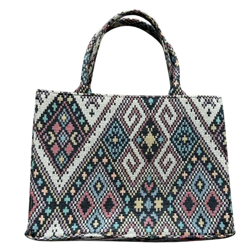 Boho Tapestry‎ Tote Bag Geometric Diamond Woven Handbag Multicolor Southwestern
